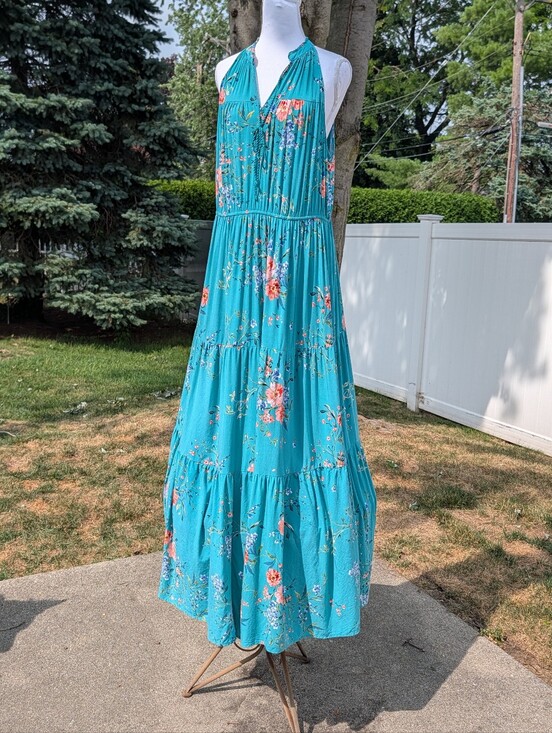 LC Lauren Conrad Dresses & Skirts - Maxi Dress Lauren Conrad Floral 100% Rayon Size XL Halter Top Sleeveless Teal